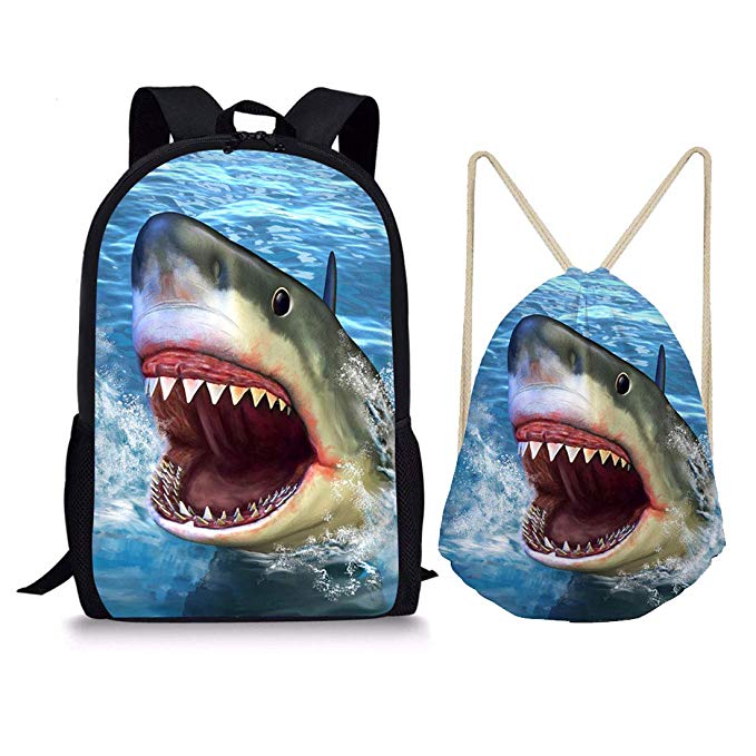 Showudesigns 17inch School Backpack and Drawstring Bag for Kids Boys Girls Shark Blue Print
