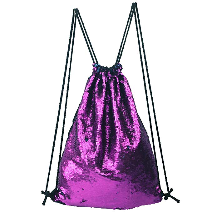 LINGTOM Mermaid Sequin Drawstring Bag Backpack Fashion Dance Party Gym Bags Dancing Shoulder Bag with Pockets, Purple Dark blue