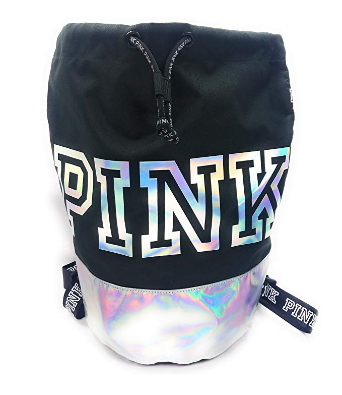 Victoria's Secret PINK Canvas Backpack Drawstring Adjustable Strap Black and Silver Tote