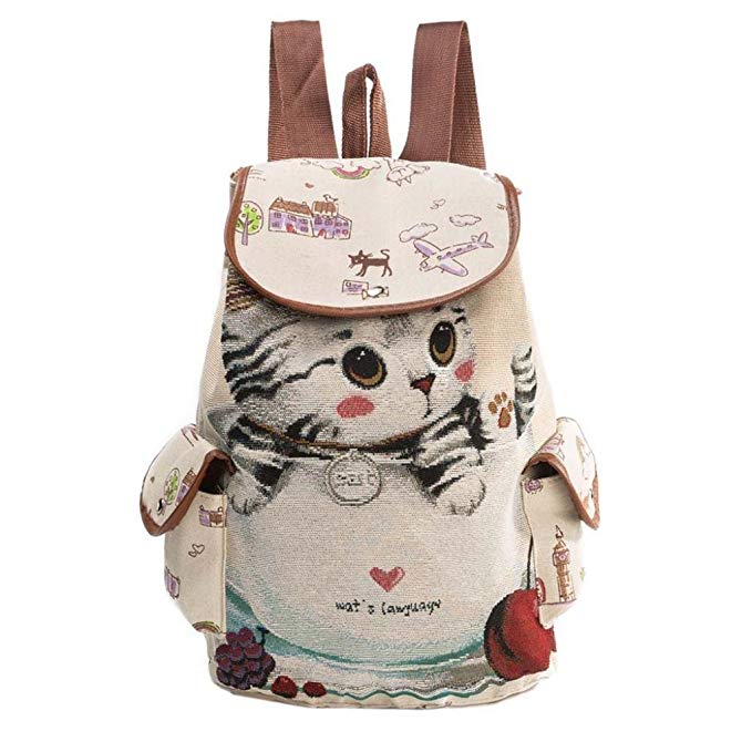 ChainSee Cute Cat Canvas Drawstring Backpack Rucksack Travel Bag for Women Girl