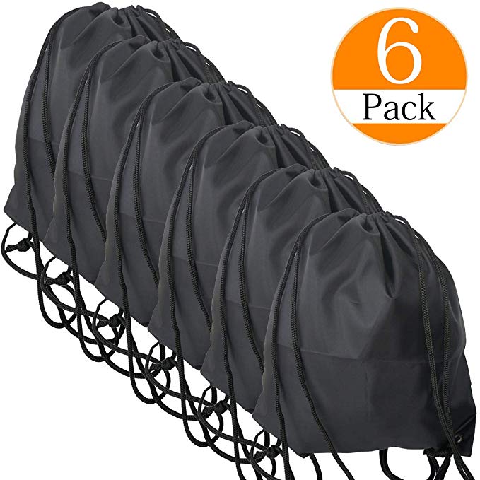 6 Pack Drawstring Backpack Bags, 420D polyester fabric Folding Shoulder Tote Sack Cinch Bag for Picnic Gym Sport Beach Travel Storage black