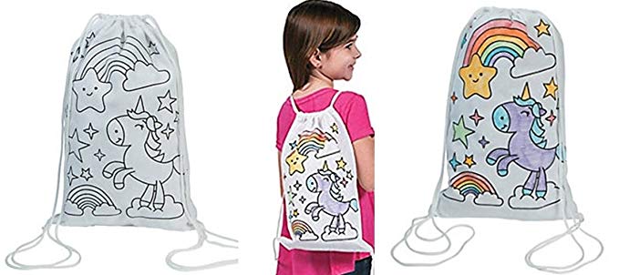 Fun Express 12 Decorate - color Your Own UNICORN Canvas Drawstring Backpack tote Bags