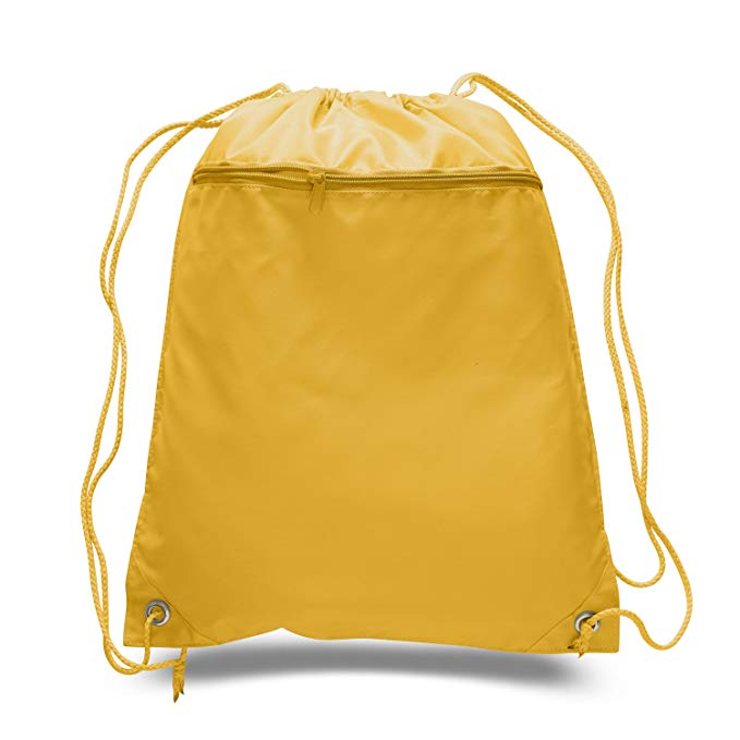 (LOT of 12) BagzDepot Promotional Durable Polyester Drawstring Bag,Backpack with Front Zippered Pocket for Gym,School or any other activities Wholesale price! (Gold)