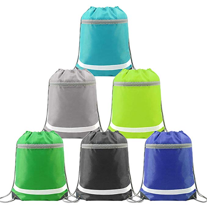 Drawstring Backpack Bags Bulk with Pocket, Cheap Gym Sacks Reflective Cinch Bags Sackpack 6 Pack