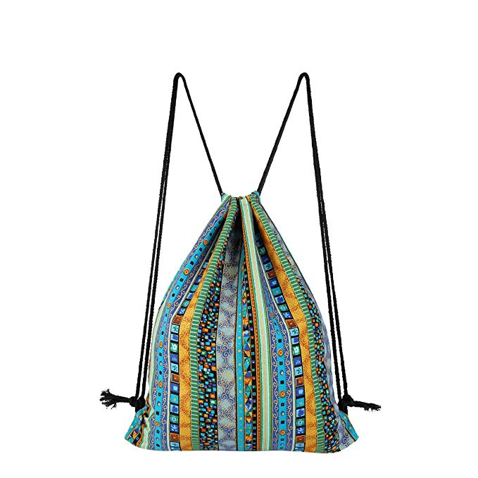 Takity Cotton Canvas Drawstring Backpack, Lightweight Bohemia Hippie Bucket Bag,Both Side Available Gymsack,Ethnic Bags