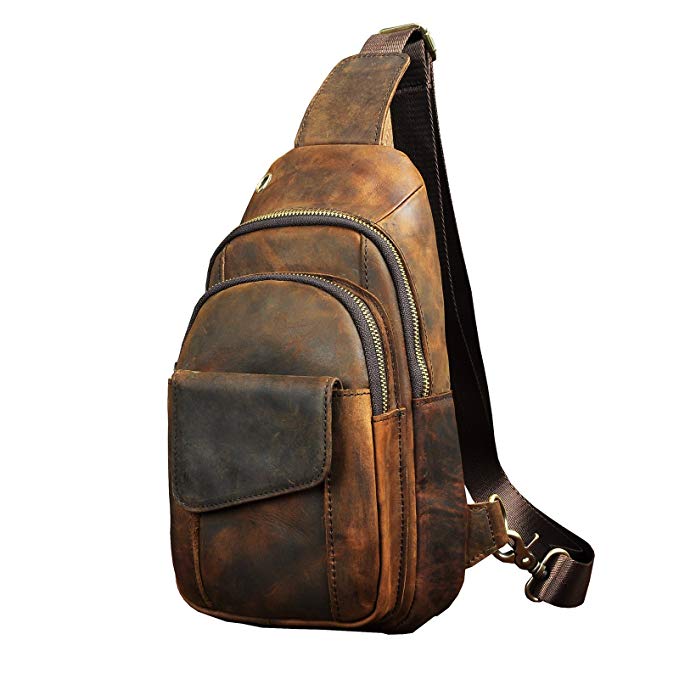 Le'aokuu Mens Fashion Casual Tea Designer Travel Hiking Crossbody Chest Sling Bag Rig One Shoulder Strap Bag For Men Leather (8013 dark brown)