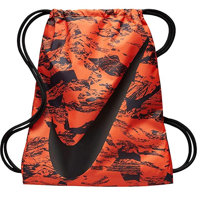 NIKE Young Athlete Drawstring Gymsack Backpack Sport Bookbag (Atomic Orange Swirl and Signature Swoosh Logo)