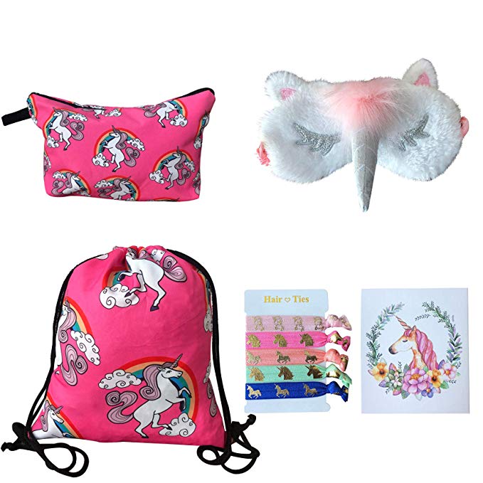 Unicorn Gifts for Girls - Unicorn Drawstring Backpack/Makeup Bag/Eye Mask/Hair Ties/Card (Pink Cute Unicorns)