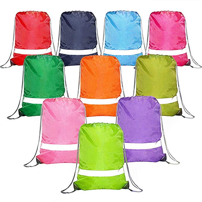 Drawstring Backpack Bags Reflective Bulk Pack, Promotional Sport Gym Sack Cinch Bags (10 MIX-1)
